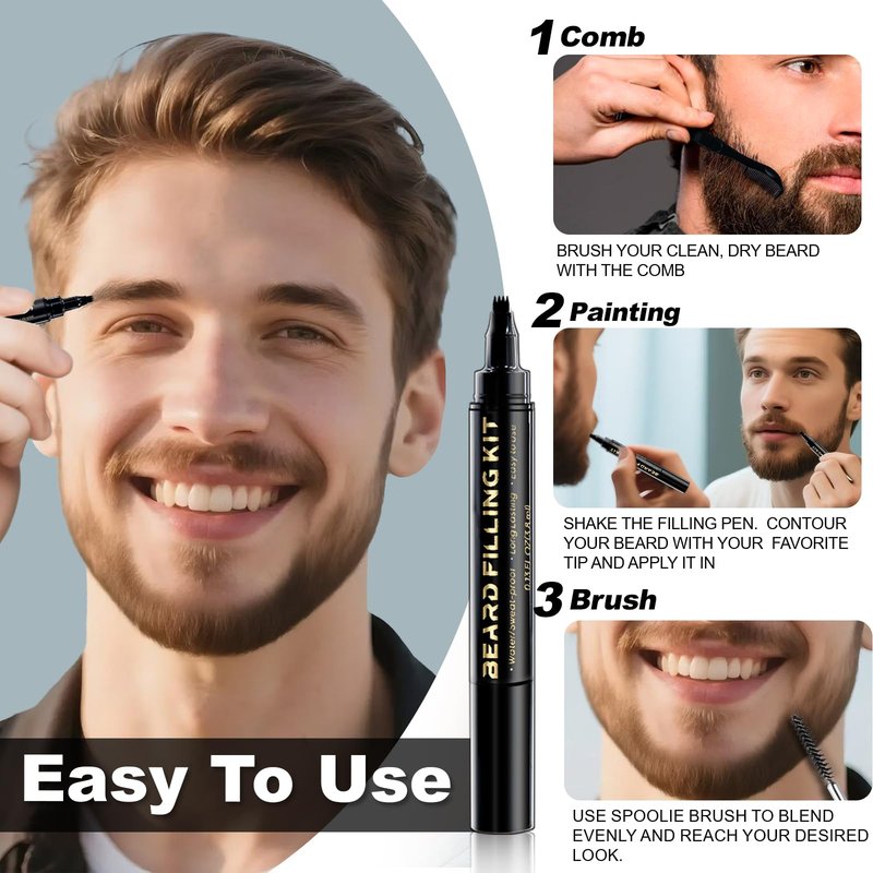 Beard Pen Beard Pencil Filler for Men Beard Filler 4 Tip Pen for Natural Looking Beard 2PCS Beard Pencil & 1PCS Double Head Beard Brush Double Head Four Fork Eyebrow Pencil Eyeliner (Dark Brown)