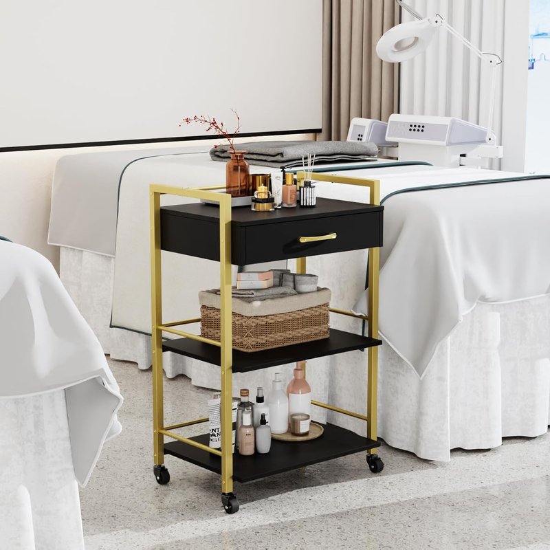Salon Trolley Cart - Wooden Rolling Storage Station for Beauty & Spa | Mobile Utility Cabinet with 1 Drawer & 2 Trays - Black Gold