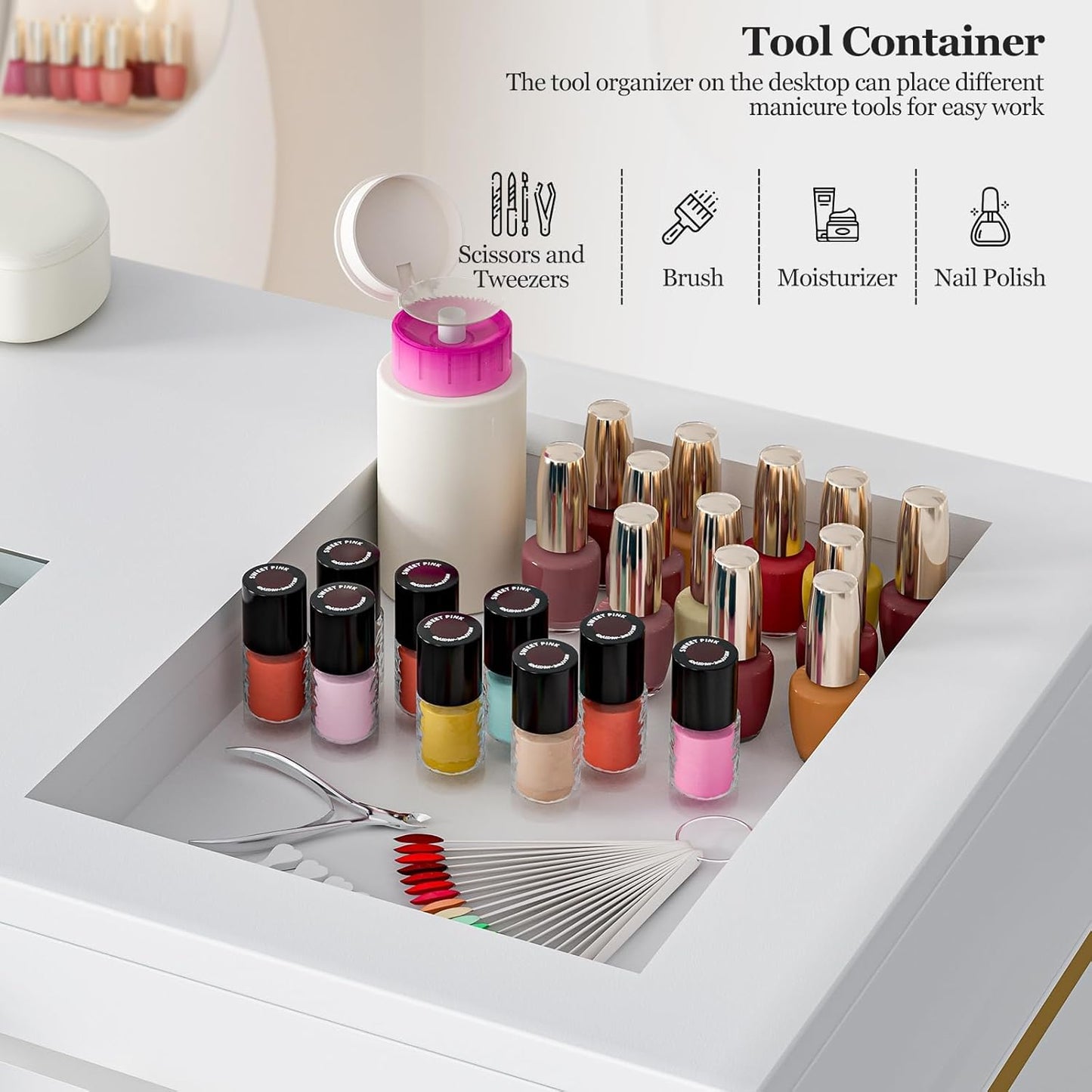 Skiennix Nail Tech Table - Glass Top Manicure Desk with Dust Collector & 7 Drawers | White Finish