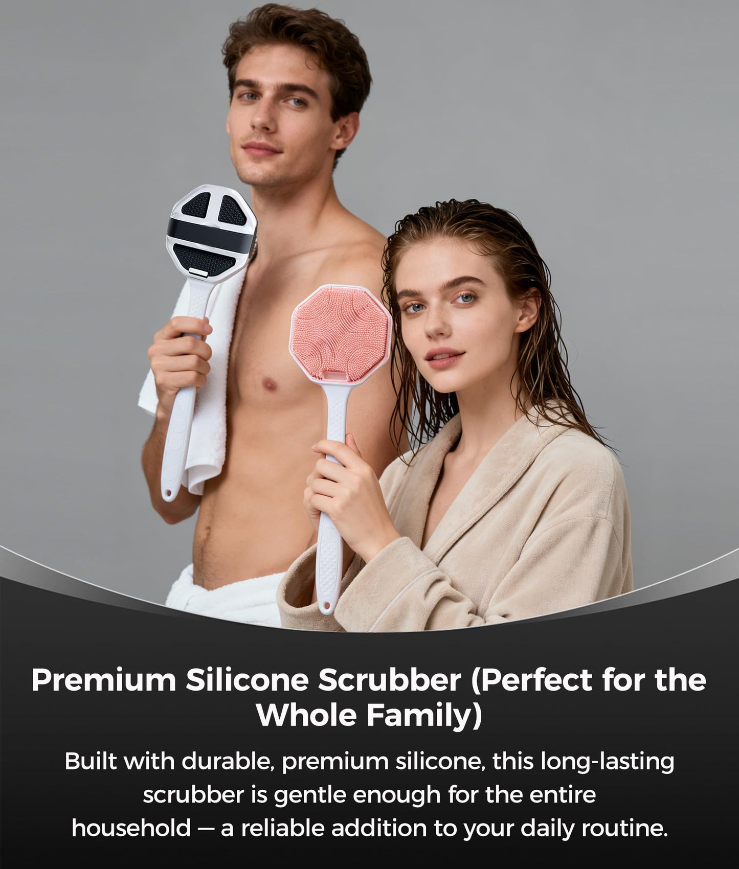 EaTubano Back Scrubber for Shower, 2 Pack Silicone Body Scrubber with Long Handle, Soft Bristles Gentle Exfoliating Bath Brush for Deep Cleansing, Black + Pink