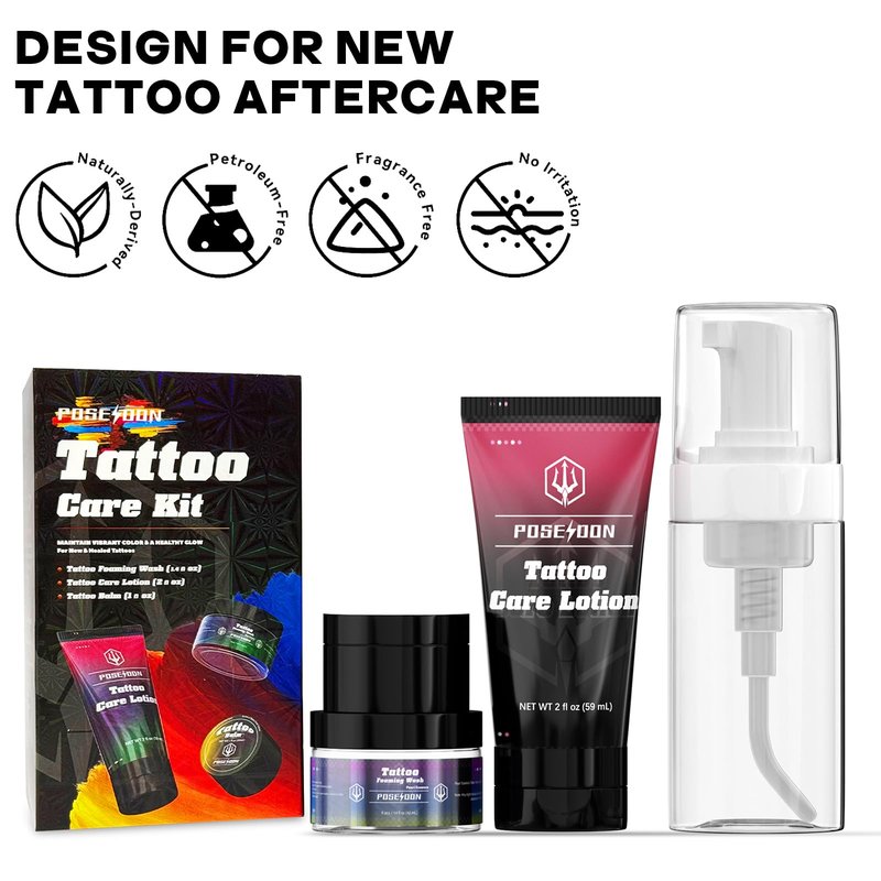 POSEIDON Tattoo Aftercare Kit - 3-in-1 Set with Refreshing Citrus Scent for Quick Healing & Color Protection (Tattoo Soap, Balm, Lotion)