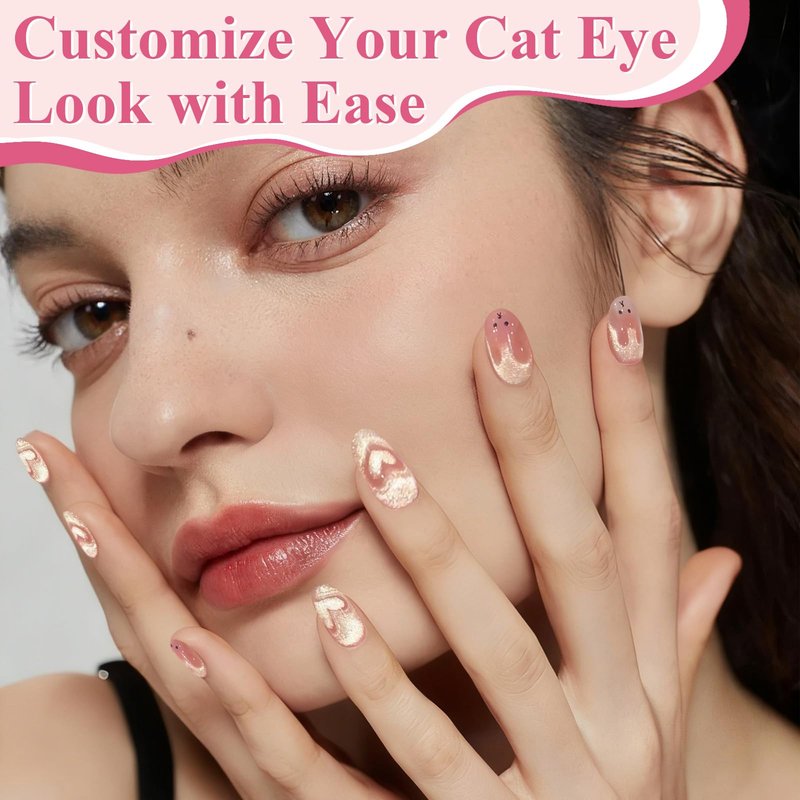 FOWSRHRG 3 in 1 Cat Eye Nail Magnet Set, Magnet Nail Art Pens with Steel Ball Round Beads and Guides, Multi-Effect Cat Eye Gel Nail Polish Magnets for Nail Art DIY Salon Manicure Design (Pink)