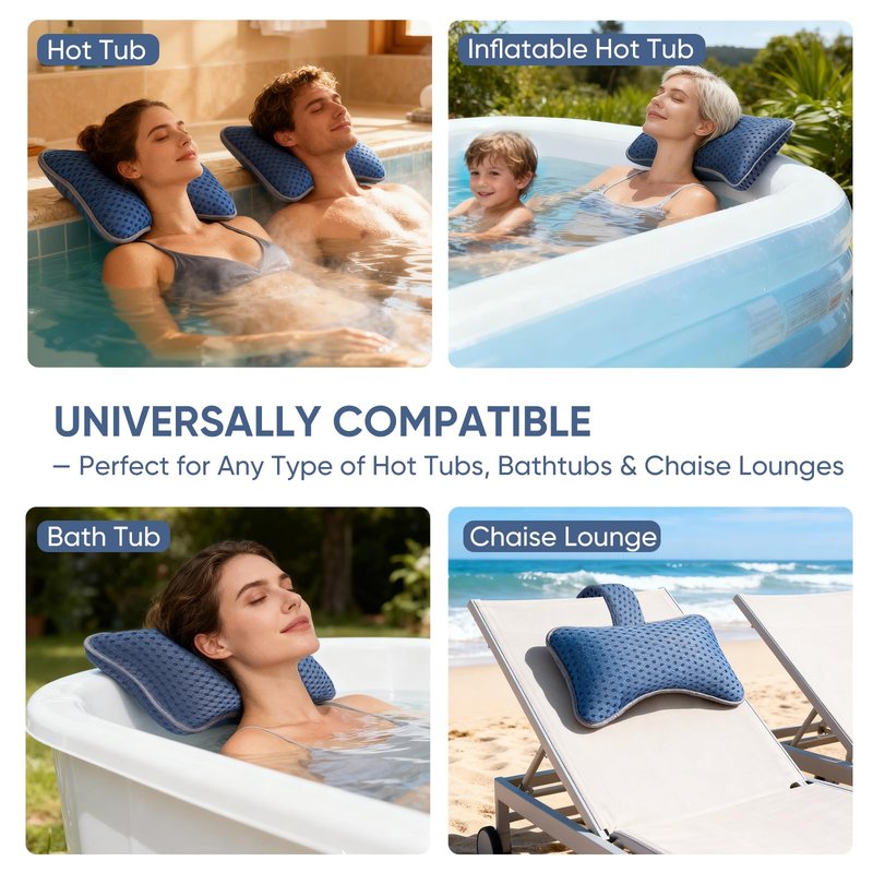 HUGABOW 2-Pack Large Pillows for Hot Tub (Blue), Spa & Chaise Lounge – Universal Headrest & Neck Support Cushion with Removable Weighted Pouch, Long Strap for Height Adjustment & Easy-Dry Hook