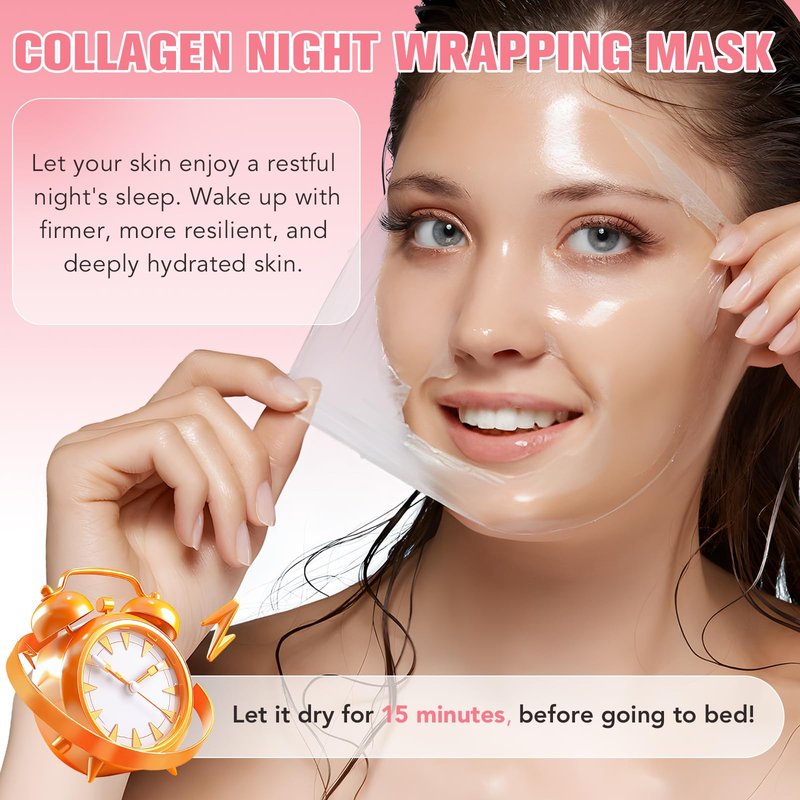 QwsYaay Collagen Night Wrapping Mask, Collagen Face Mask, Collagen Sleeping Mask, Collagen Facial Mask for Elasticity & Hydration, Hydrates and Tightens Skin, Reduces Sagging