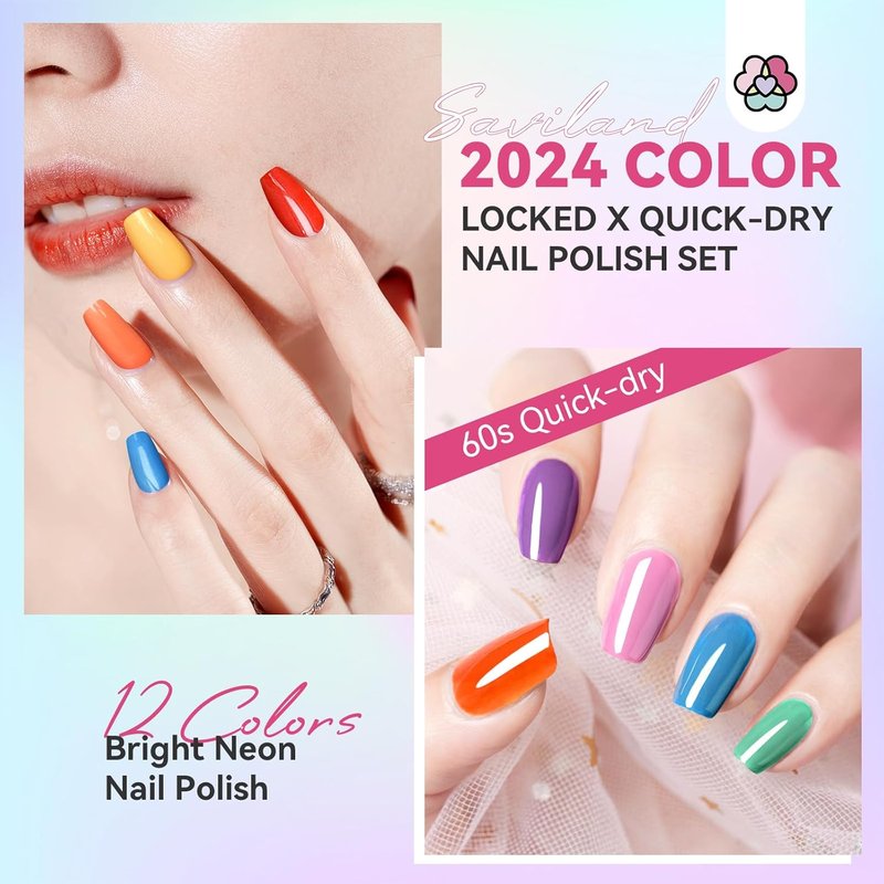 SAVILAND Quick Dry Nail Polish Set - 14 Pcs Neon Summer Colors | Fast-Drying Glitter & Regular Finish for Stunning Manicure