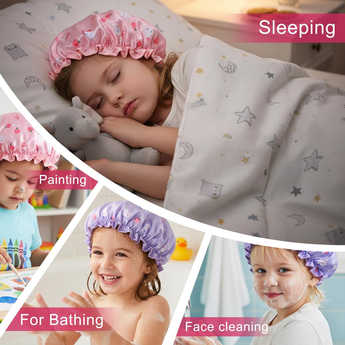 Jeffdad Kids Shower Caps, 2 PCS Pink & Purple Waterproof Double Layers Shower Caps Cute Bonnets Elastic Band Bonnet Satin and Eva Soft Kids Sleeping Cap Reusable Shower Cap