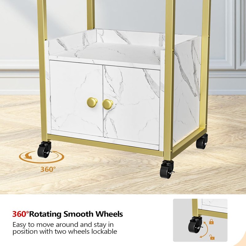OmySalon Salon Trolley Cart - Mobile Esthetician Cart with Drawer for Beauty Spa | White Marble Finish