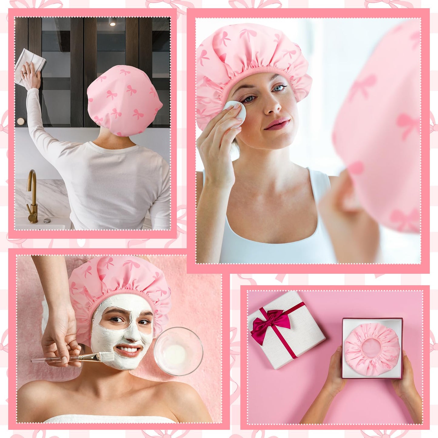 Janmercy Pink Bow Shower Cap for Women Extra Large Terry Lined Shower Cap Reusable Waterproof Double Layer Large Bath Hair Bonnet Washable Quick Dry for Braids Long Straight Curly Hair Women Gifts