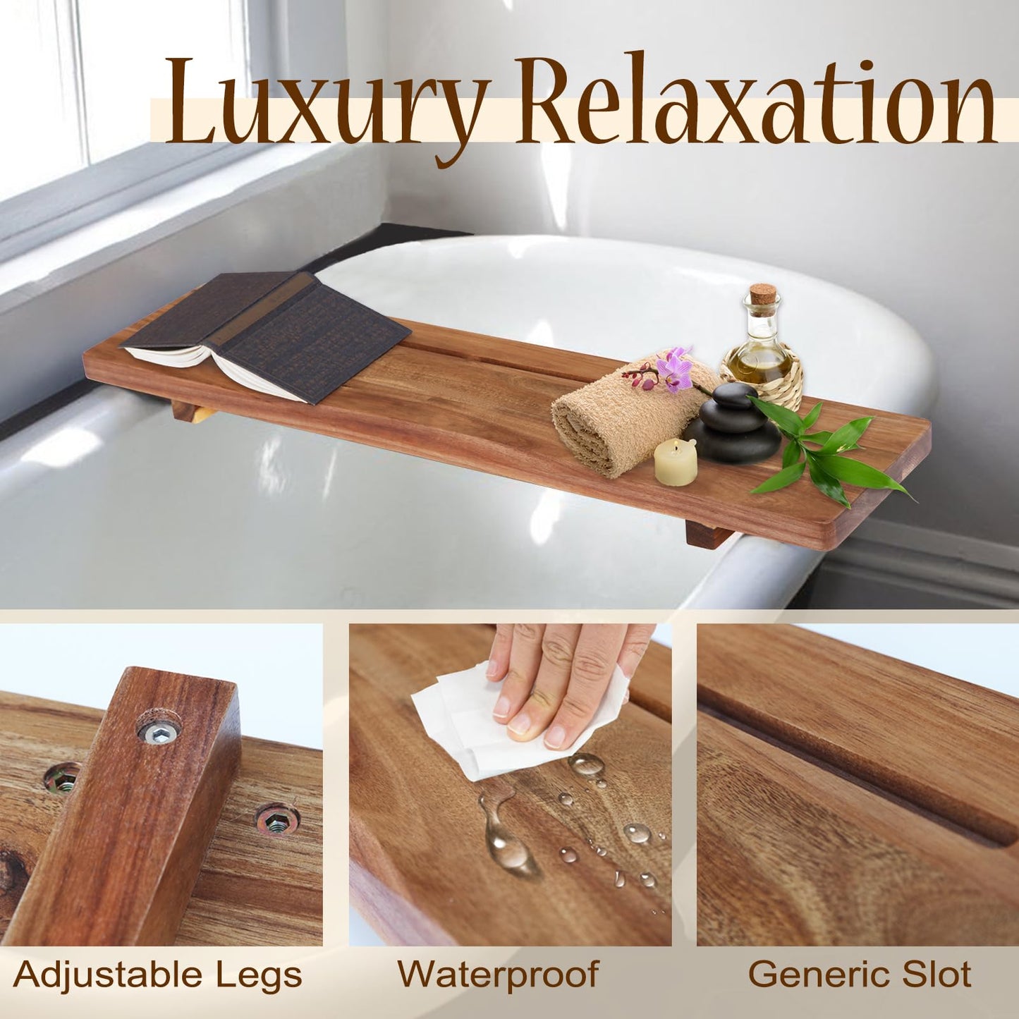 Stylish Black Bamboo Bathtub Tray Caddy with Adjustable Legs, Minimalistic Design Bath Tray for Tub, Bathtub Accessories, Fits Most Bath Tubs, Idea for Women