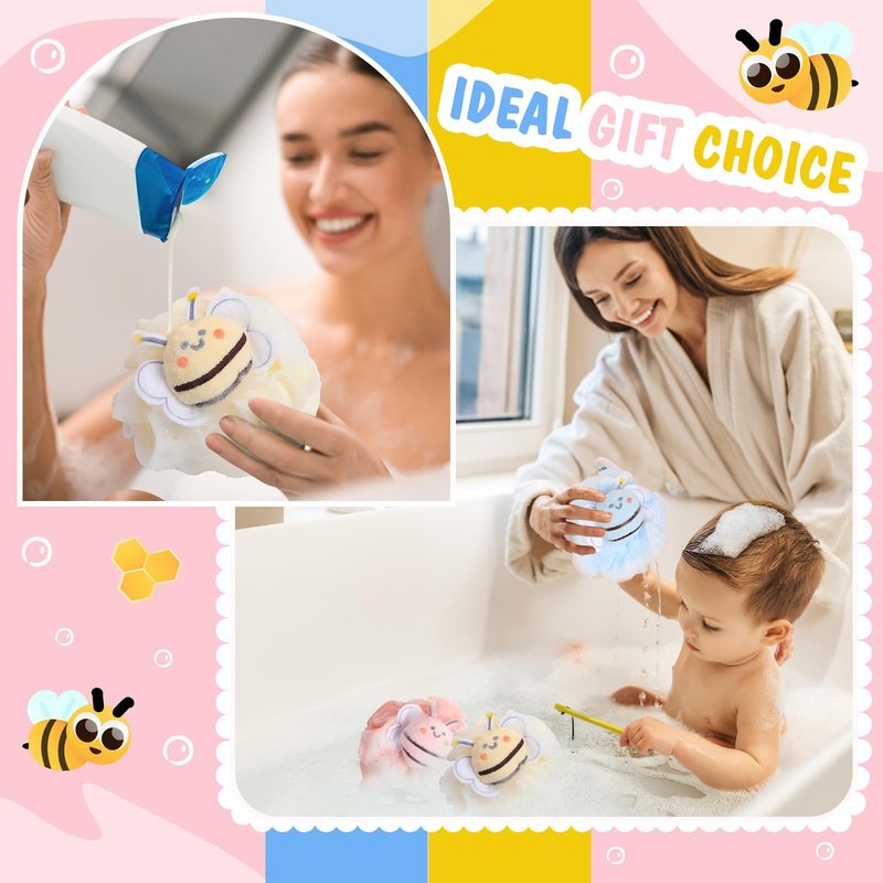 Reallnaive 4 Pcs Bee Bath Loofah Sponge Cartoon Body Scrubber Loofah Soft Mesh Exfoliating Bath Scrubber Shower Ball for Shower Sponge Gifts Exchange Birthday Party