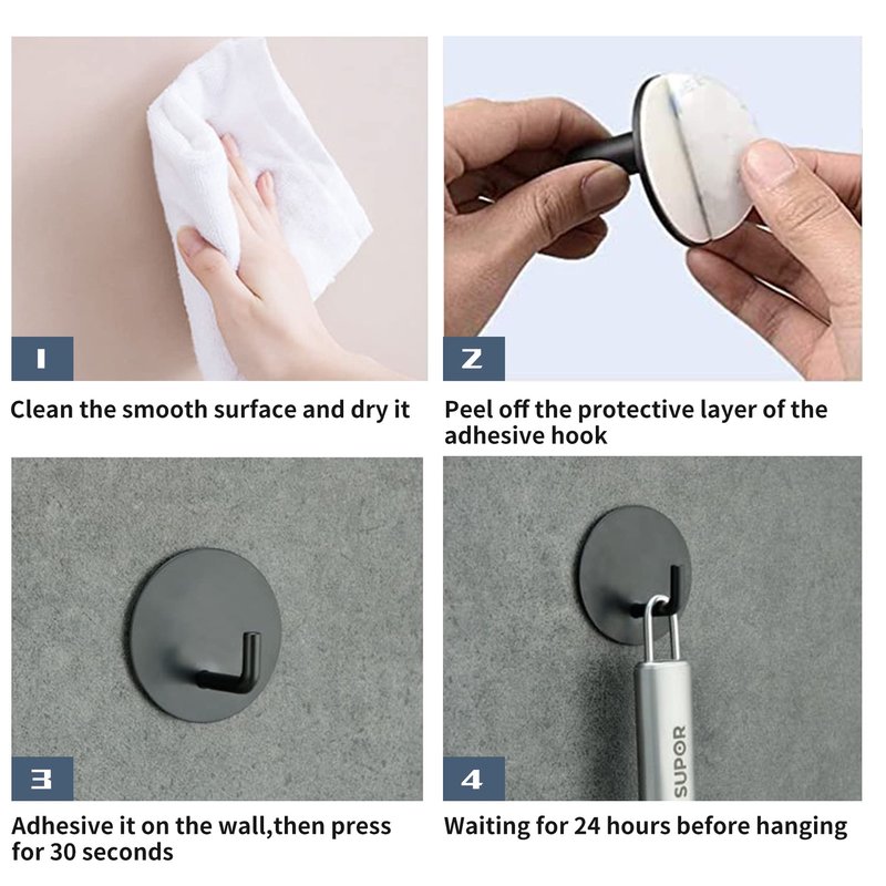 Rise age Adhesive Hooks Heavy Duty Waterproof in Shower Hooks for Hanging Loofah, Towels, Clothes, Robes for Bathroom Removable Adhesive Wall Hooks Door Hook Stainless Steel Black Stick on Hooks 4 Pcs