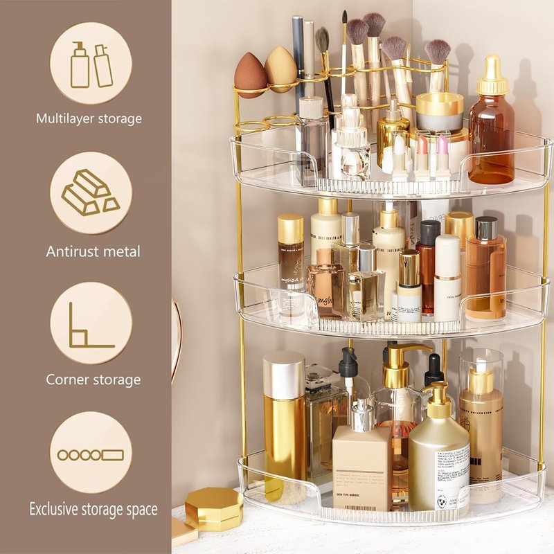 FELIZHOUSE 3-Tier Makeup Organizer - Acrylic Vanity Storage with Perfume Tray & Brush Holder | Clear Design