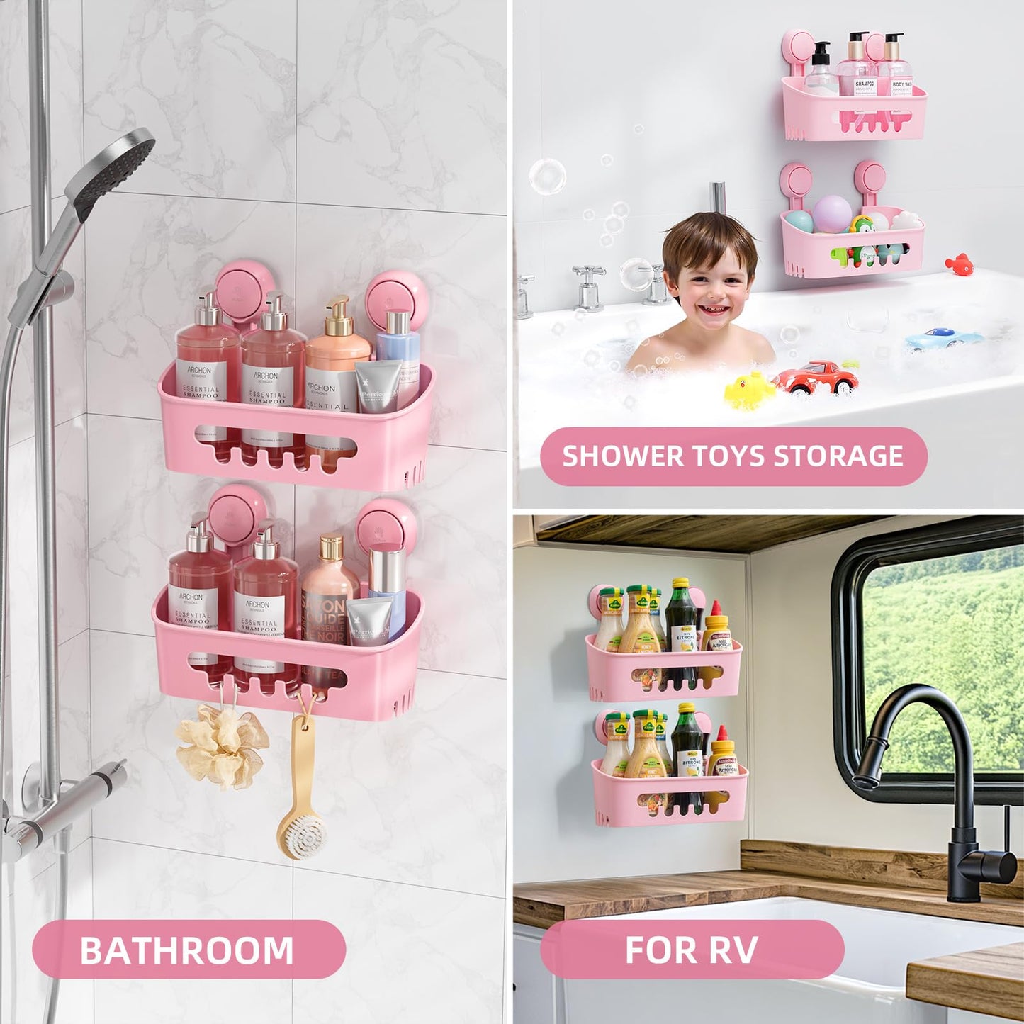 LEVERLOC Shower Caddy Suction Cup 2 Pack, Shower Organizer Removable Bathroom Shelf, Storage for Inside Shower Powerful Suction Max Hold 22lbs Waterproof Holder, Pink