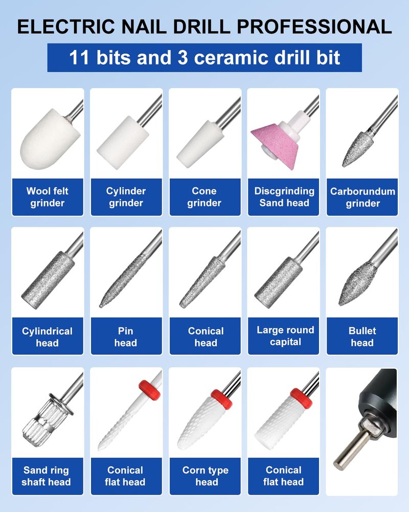 Professional Grade Electric Nail Drill Kit 35000RPM with 14PCS Bits White Portable Rechargeable Cordless File Machine for Acrylic Gel Powder Nails and Manicure Pedicure Toenail Tool Salon Set