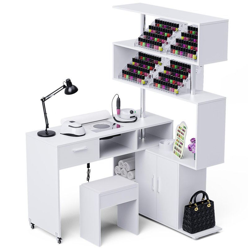 Kikihouse Manicure Table Nail Desk with Dust Collector, L-Shaped Nail Tech Desk with Stool, Two-Way Drawer, Cabinet & Storage Shelves, Rotating Reversible Manicure Workstation on Wheels (White)
