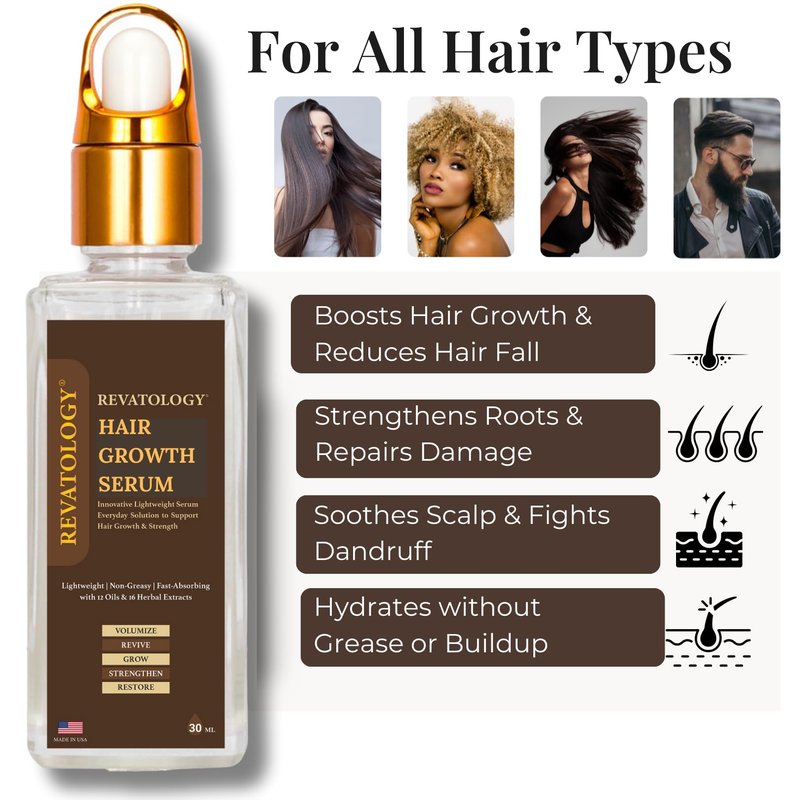 Revatology Hair Growth Serum for Women & Men, Daily Leave-In Scalp Serum for Thinning Hair & Hair Fall, Lightweight Botanical Serum with Rosemary, Castor, Amla, Bhringraj, 12 Oils & 18 Herbs