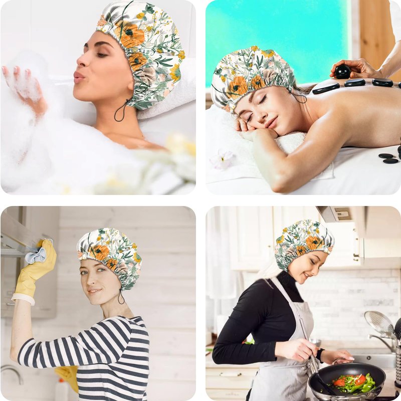 Cabreche 2 PCS Shower Cap Reusable Waterproof Double Layers Hair Caps Shower Bath Adjustable Elastic Hat for Women Girls Cute Aesthetic-Orange Flower