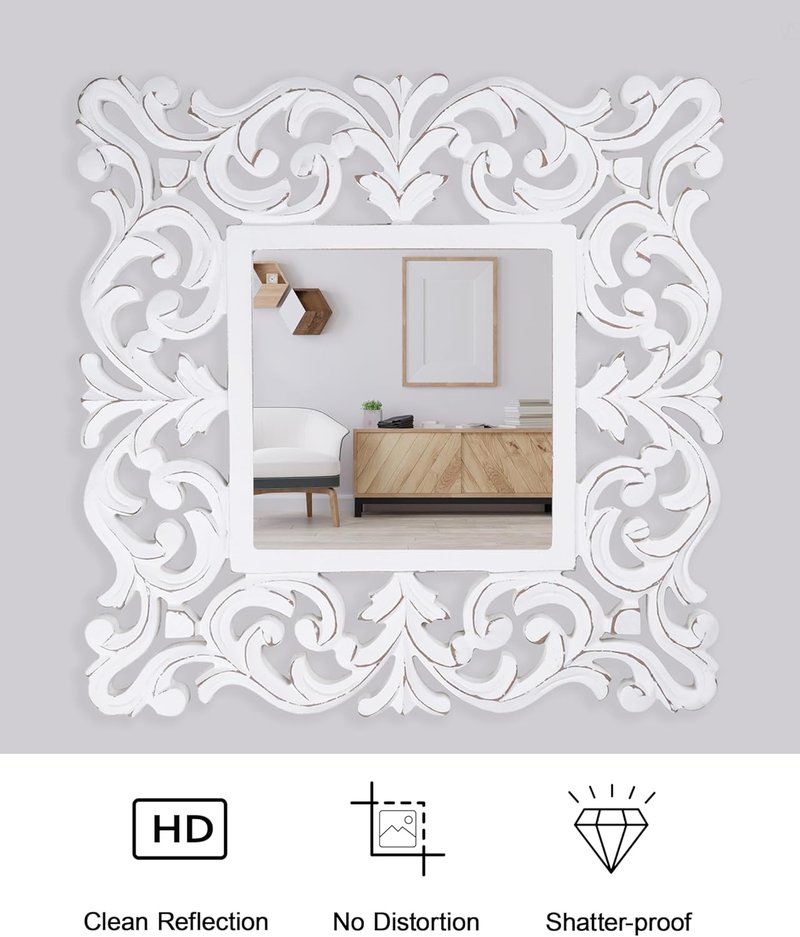 Hand Carved Farmhouse Wall Mirror - 18-Inch Square Rustic White Wooden Frame | Decorative Mirror for Bathroom, Living Room & Bedroom