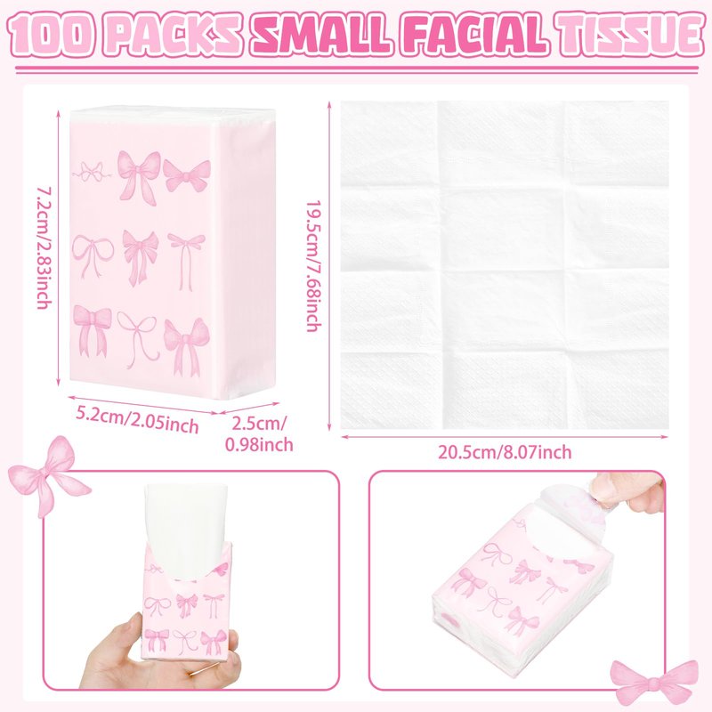 Therwen 20 Pack Pocket Tissues Travel Packs Bulk Weeding Party Favors Individual Small Tissue Packs Pocket Size Facial Hand Towels for Travel Outdoor Car Offices (Pink Bow)