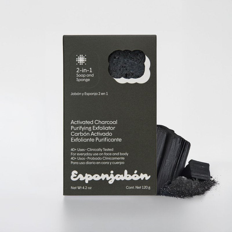T.Taio Esponjabon Charcoal Soap Sponge - Cleansing Shower Scrubber - Cleaning Bath Wash Scrub - Oil Removal - Massage & Lather Foot, Elbow, & Face - Bathroom Accessories - Charcoal, Mini Soap Included