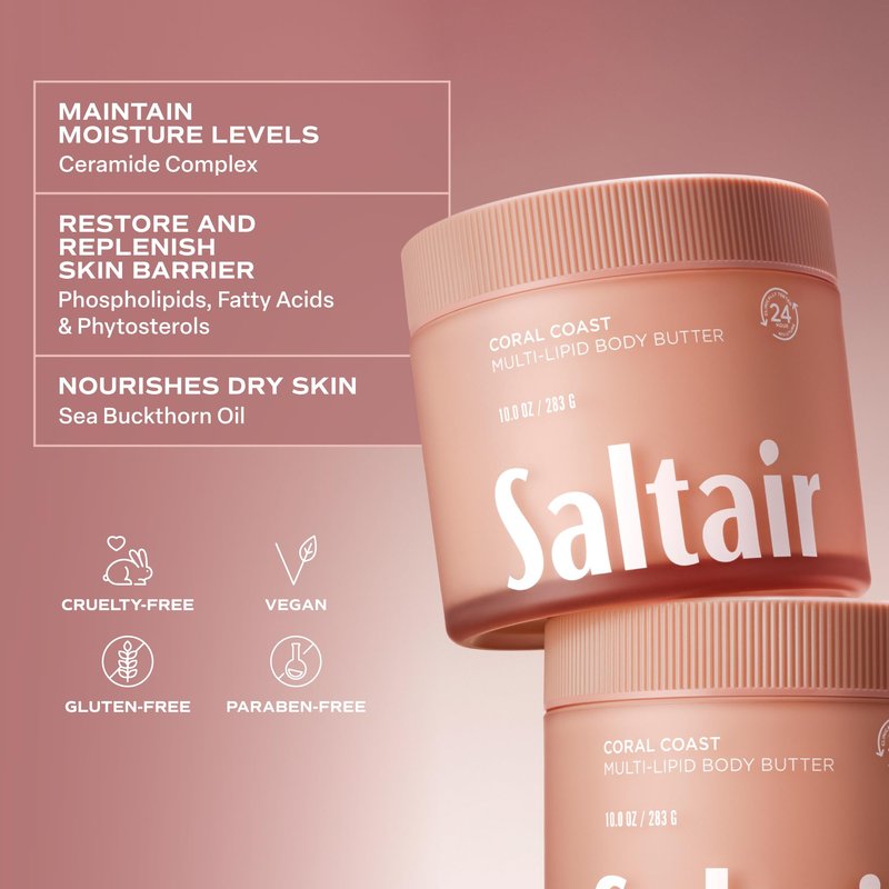 Saltair Multi-Lipid Body Butter – Hydrating 24-Hour Moisture – Body Cream for Soft Skin & Barrier Support – Ceramides, Coconut Oil & Shea Butter for Dry Skin Care – Golden Hour, 10oz