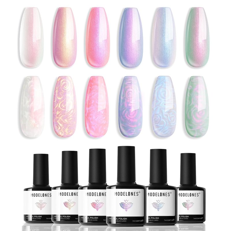 modelones Pearl Gel Nail Polish Set, 6 Colors 2026 Spring Summer Aurora Iridescent Shimmer White Pink Purple Blue Mermaid Nail Glitter Gel Polish LED Swirl Shell Effect with Dotting Pen DIY Gift