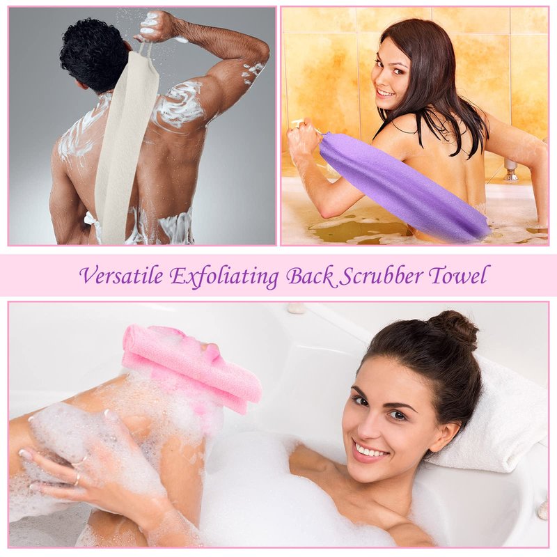 Lounsweer 7 Pieces Exfoliating Back Scrubber for Shower with Handles Nylon Back Exfoliator Washers Stretchable Pull Strap Exfoliating Loofah Washcloth for Women Men Body Deep Cleaning Massages
