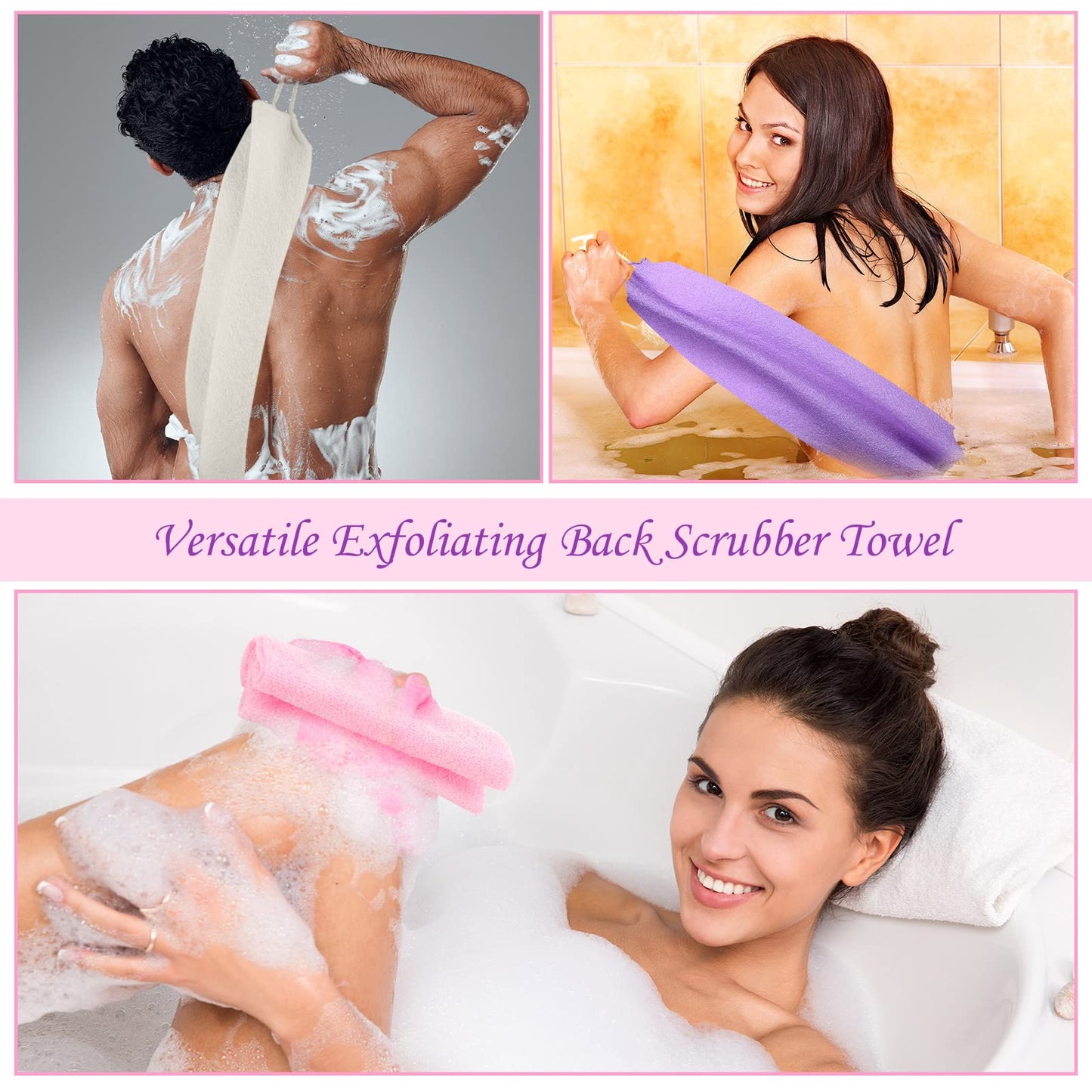 Lounsweer 7 Pieces Exfoliating Back Scrubber for Shower with Handles Nylon Back Exfoliator Washers Stretchable Pull Strap Exfoliating Loofah Washcloth for Women Men Body Deep Cleaning Massages