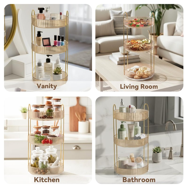 360° Rotating Makeup Organizer for Vanity, 3 Tier Perfume Organizers Skincare Organizers and Storage for Bathroom Countertop, Spinning Cosmetic Organizer for Bedroom Dresser Counter (Gold)