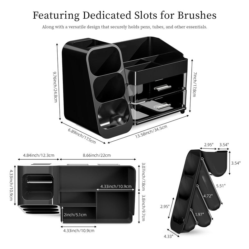 Makeup Organizer with Drawers for Vanity Bathroom Counter Organizers and Storage, Large Skincare Organizer with Brush Toothbrush Holder for Perfume, Nail Polish, Dresser, Office Supplies, Black
