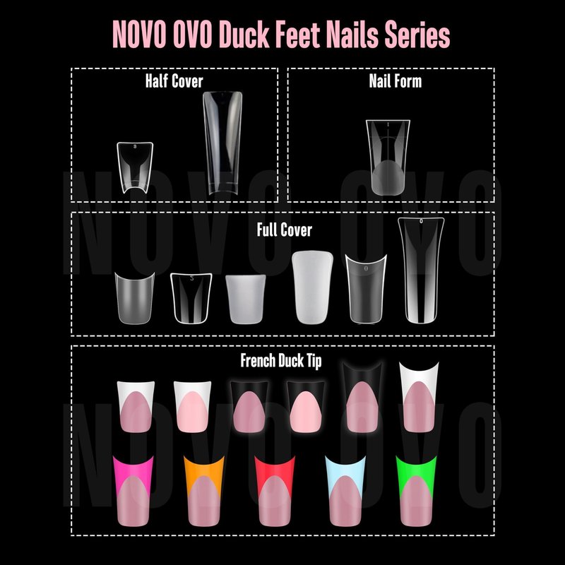 NOVO OVO Halloween Extra Thick Duck Feet Nail Tips Full Cover for Press on Acrylic with Moon Curve, Medim Long Clear Pre-Etched Matte Flare Wide French Soft Gel False Nail Extension x 15 Sizes 150 pcs