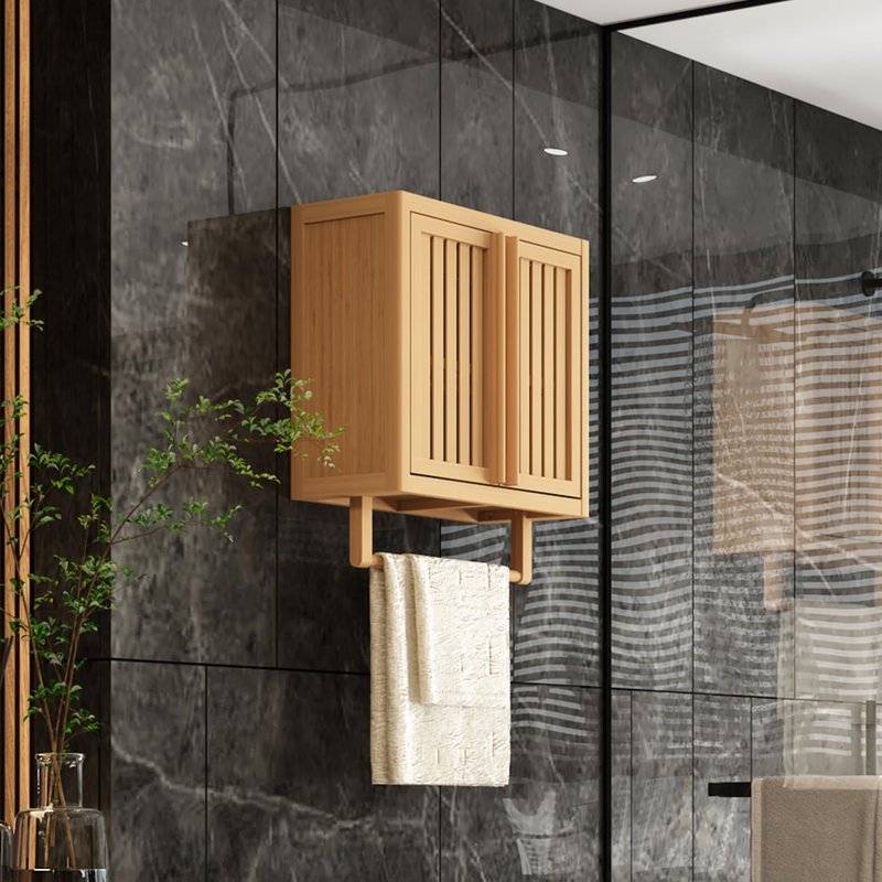 Bamboo Wall Cabinet for Bathroom, Over The Toilet Storage with Towel Bar, Adjustable Shelves, 2-Door Wall Mounted or Free Standing Cabinet for Kitchen, Laundry Room, Natural, 19.7x8.5x21.7In (Classic)