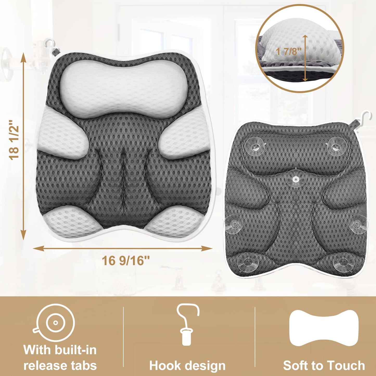 ZYIDBNG Bath Pillow for Tub Ergonomic Cat Shape Design Bath Pillow for Head and Neck Support SPA Gift Bathtub Pillow 4D Air-Mesh with 7 Suction Cups Washable Gray