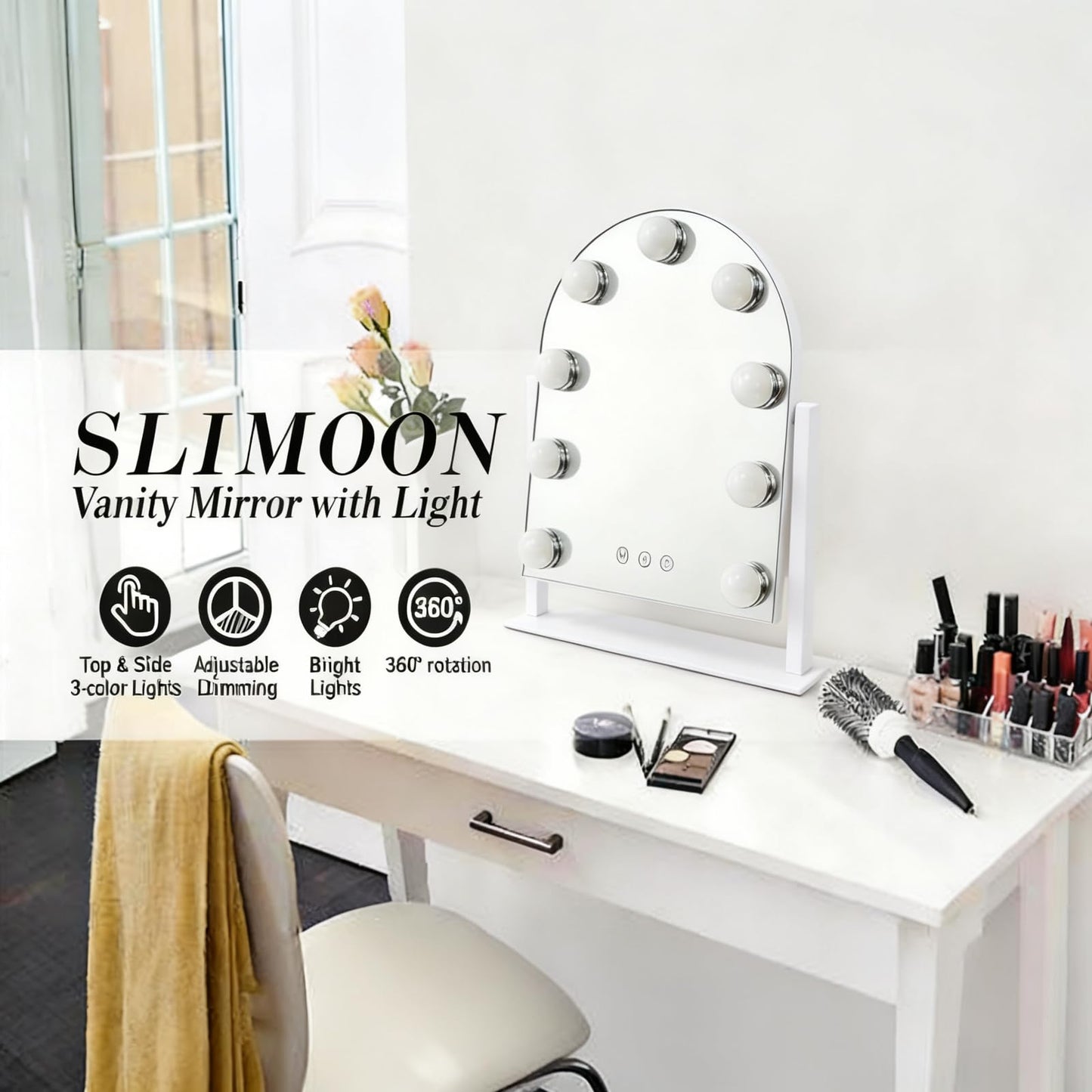 SLIMOON Arched Makeup Vanity Mirror with LED Lights Makeup Mirror Detachable 10X Magnification, Hollywood Make Up Mirror with Lighting, Smart Touch, Rechargeable,360° Rotation,White 14.17"x 11.81"