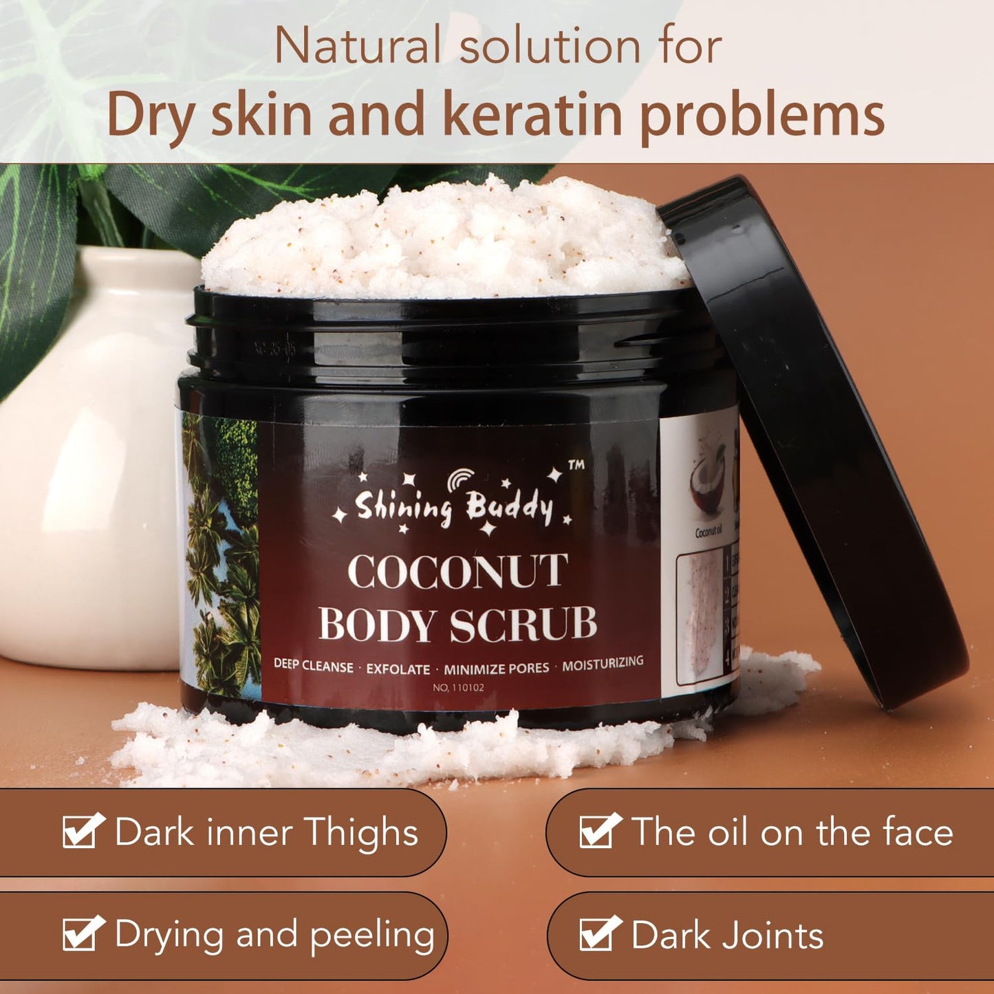 Shining Buddy Coconut Body Scrub Exfoliator with Natural Ingredients Exfoliating Body Scrub for Women,Pure Oils and Dead Sea Salt Minerals,Moisturizing and Nourishing Skin(16.9oz)