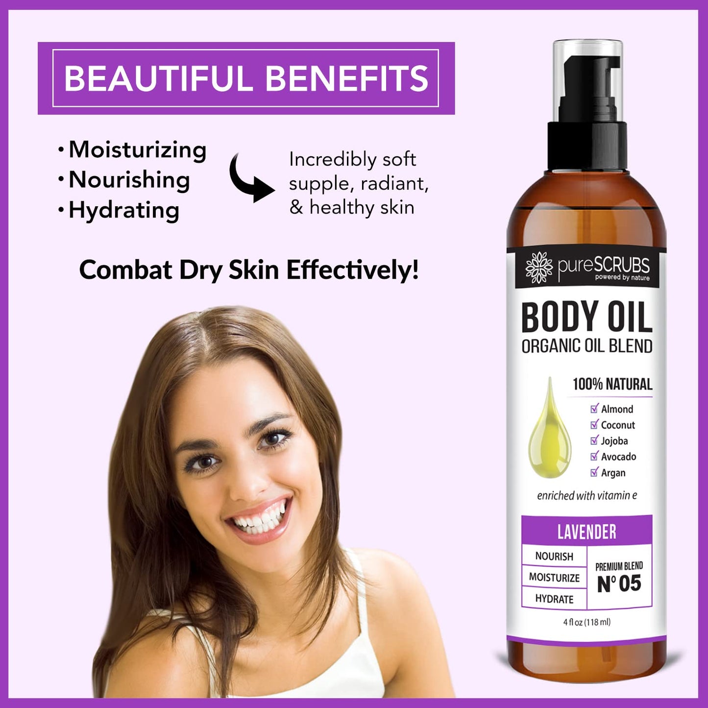 pureSCRUBS Ultra Moisturizing Lavender Body Oil for Dry Skin, Lightweight Full Body Moisturizer for Soft, Silky Skin, Massage & Cuticle Oil, Vitamin E Enriched, 4 oz