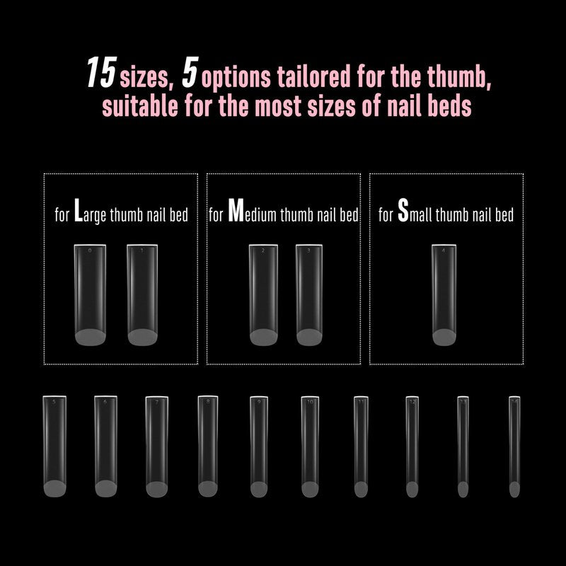 NOVO OVO Halloween XXL Shape Square Slight Curved Nail Tips No C Curve, Extra Thick Natural Curve Clear False Nails Press on, Full Cover Soft Gel Extension Fake Nail Acrylic for DIY x 15 Size 240pcs