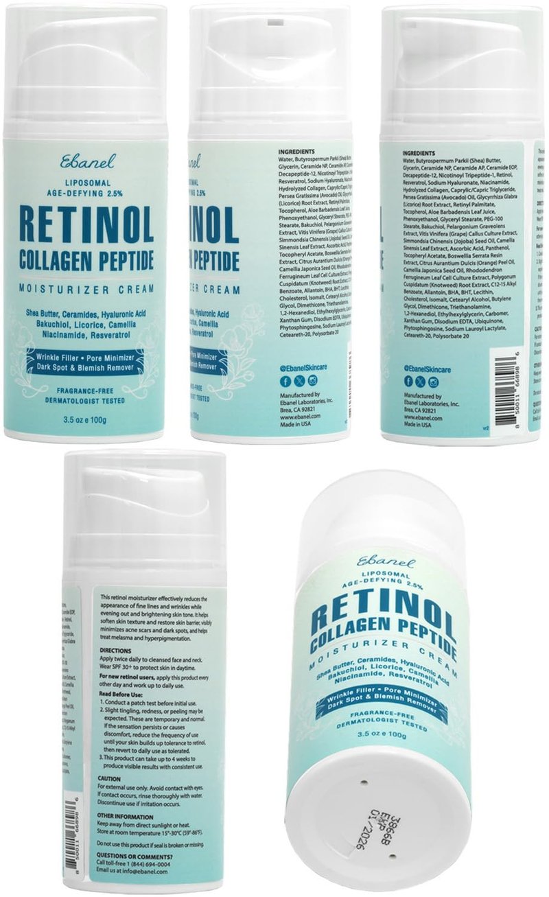 Ebanel Retinol Cream for Face 3.5 oz, Moisturizer with Collagen, Peptides, Ceramides, Hyaluronic Acid, Vitamin C & B5, Firming Anti Aging Face Cream for Wrinkles, Fine Lines, Dark Spots, Day & Night