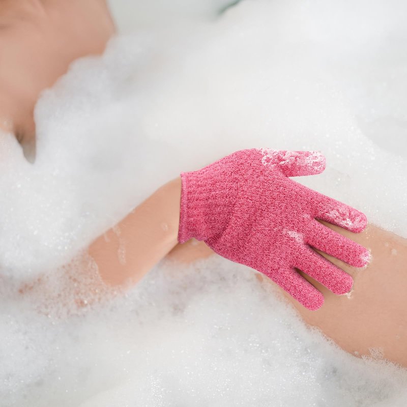 Evridwear Exfoliating Gloves for Shower, 100% Nylon Thick Soft Medium Heavy Bathing Gloves Dead Skin Remover Body Scrubber Smooth Skin with Hang Loop (Hot Pink Deep Exfoliation- 3 Pairs)