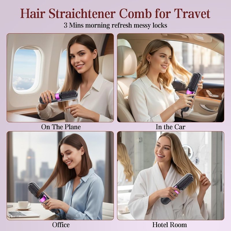 Go Brush Pro Cordless Hair Straightener Brush - Portable Rechargeable Ceramic Styling Brush with 4 Adjustable Heat Modes & LED Display, Perfect for Travel & Everyday Use (Black)