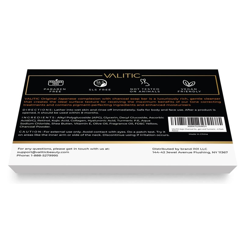 VALITIC Charcoal Kojic Acid Turmeric Black Soap Bar Dark Spot Remover for Body or Face Wash - 4 Pack