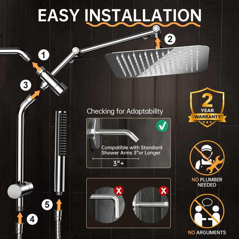 Veken All Metal 10" Shower Head with Handheld, Luxurious Square Double Rain Shower Heads with Spray Combo, Dual High Pressure Detachable Rainfall Showerhead with Extension Arm, Long Hose,Chrome,Sliver