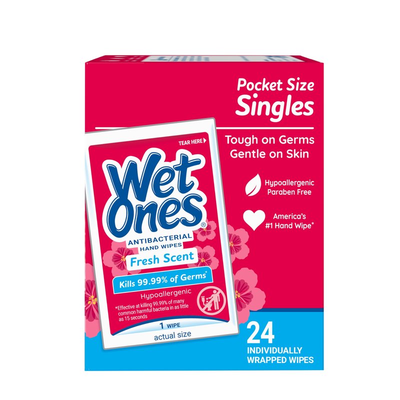 Wet Ones Antibacterial Hand Wipes Singles, Fresh Scent Wipes, Individual Wipes, Antibacterial Wipes, Hand Wipes Individually Wrapped, 24ct (6 pack)