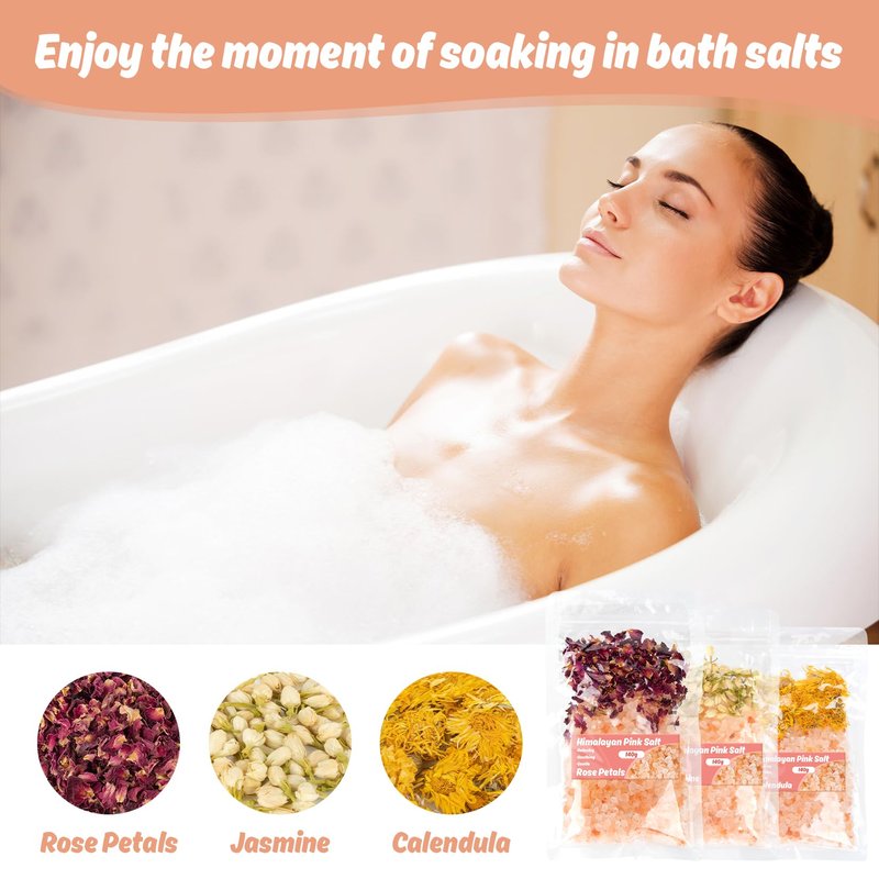 3 Pack Pink Bath Salts - Foot Soaking Salts Himalayan Pink Salt with Rose Petals Marigold and Jasmine Buds Himalayan Salt for Men and Women Nourishing Soothing and Relaxing Skin 140g(Pack of 1)