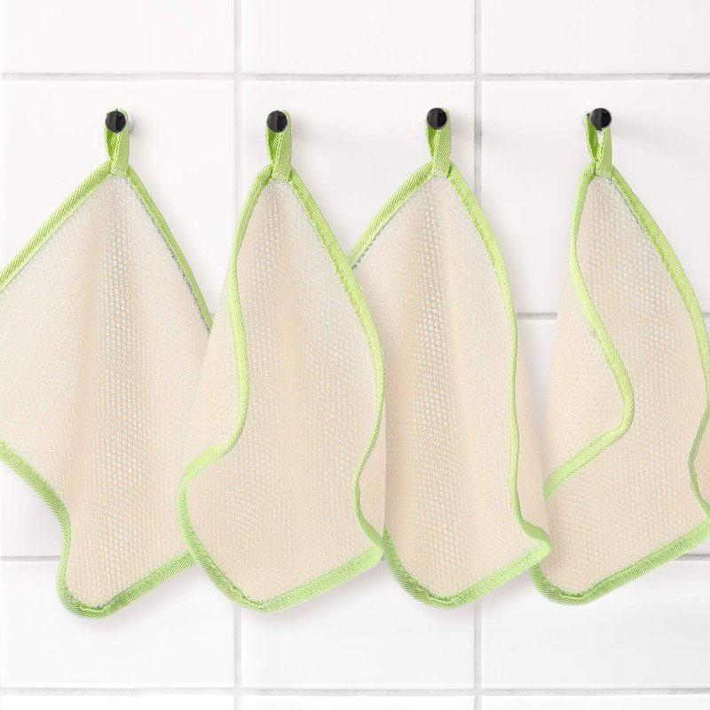 Tatuo 5 Pcs Exfoliating Face and Body Wash Cloths Towel Weave Bath Exfoliating Scrub Massage Bath Cloth for Women and Men, 10.23 x 8.66 Inch(Green Edge)