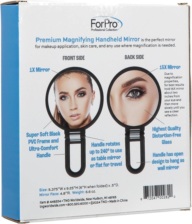 ForPro Professional Collection Premium Handheld Magnifying Mirror - 1X/15X Magnification, Adjustable Folding Handle, Black