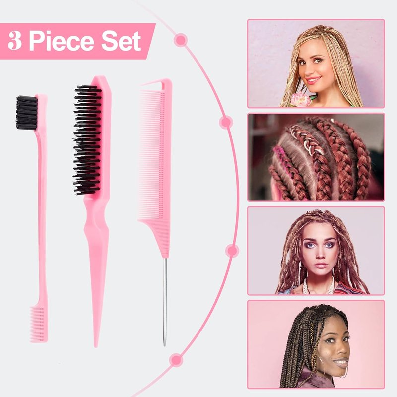 Sweet View Hair Brush Set - 3 Pcs Slick Back Brush, Rat Tail Comb & Bristle Brush for Kids' Ponytails & Edges