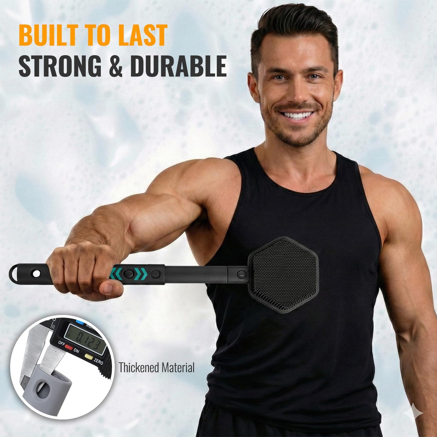 AIMAIAIMAI Silicone Back Scrubber for Shower – 21in Extendable Shower Brush with Long Handle – Dual-Sided Back Brush with Non-Slip Grip, Gentle Cleansing & Exfoliation for Men, Women, Elderly (Black)