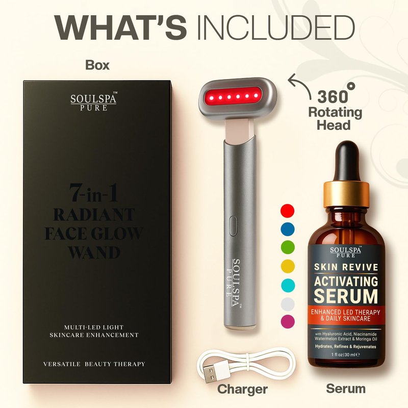 Soulspa Pure 7 in 1 LED Light Wand for Face, Neck & Eye – Silver with Activating Serum | Multifunctional Skincare Tool for Home Use