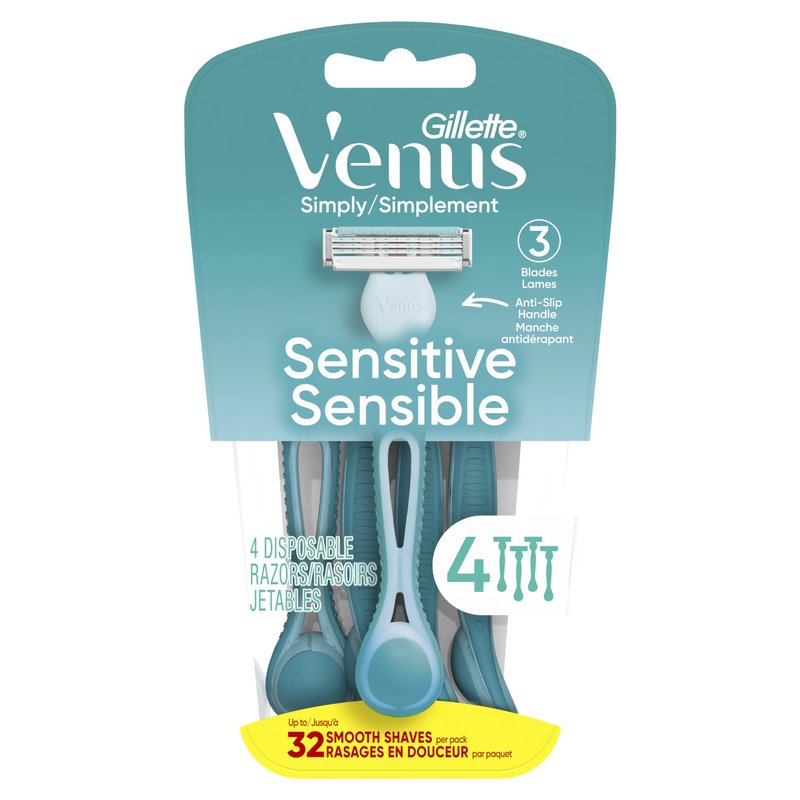 Gillette Venus Simply 3 Sensitive Women's Disposable Razors, Pack of 1 with 4 razors